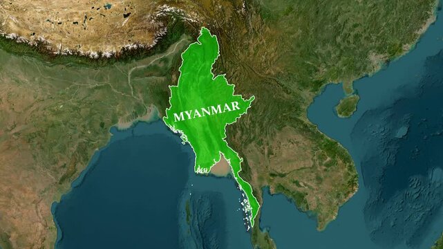 Myanmar country map glowing with motion animation on digital globe surface