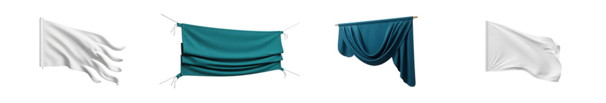 Set of isolated waving white and teal flags and banners.