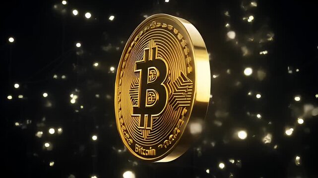 Golden bitcoin cryptocurrency symbol on starry black background, circle