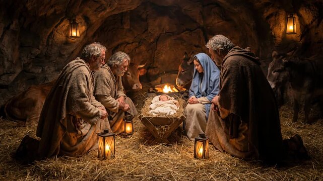 Three humble shepherds kneeling in prayer before newborn baby jesus christ in a manger while virgin mary watches inside a warm rustic stone cave illuminated by glowing lanterns during the holy christm