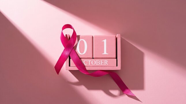 October 1 calendar date with pink ribbon for breast cancer awareness month