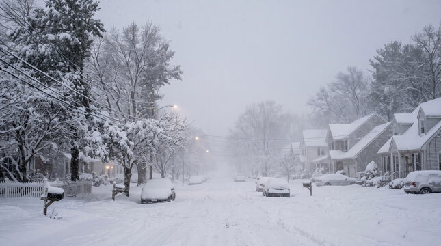 Heavy winter blizzard engulfing a quiet suburban street with snow covered cars and houses today.
