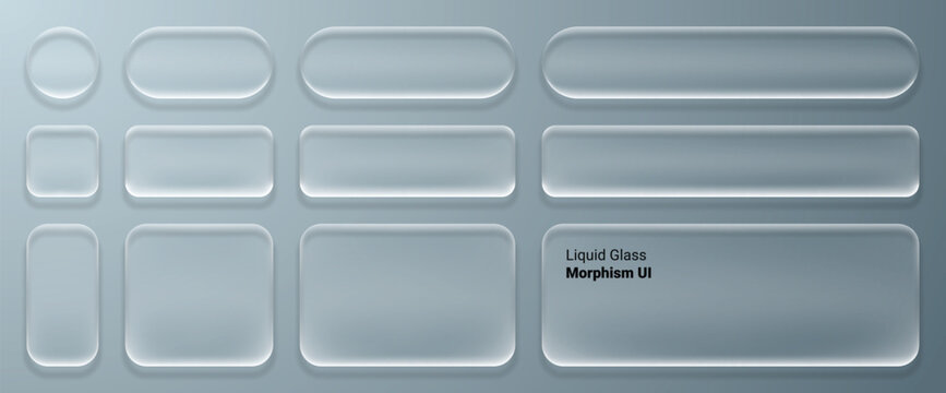 Set of glassmorphism ui elements, liquid glass buttons and panels with soft shadows and frosted blur effect on grey background