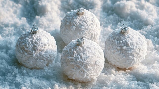 White knitted Christmas baubles resting in snow