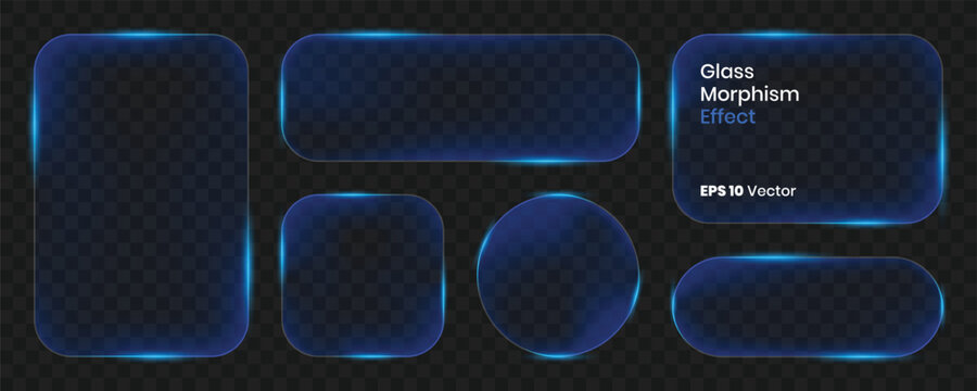 Set of glass morphism frames with blue glowing edges and rounded corners, vector ui elements for modern interface design