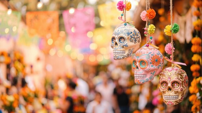 Traditional decorated sugar skulls hanging outdoors during day of the dead festival