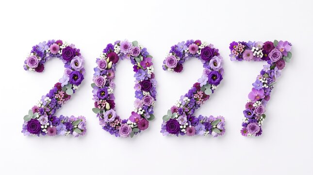 Number 2027 composed of fresh purple flowers on white background, new year floral concept.