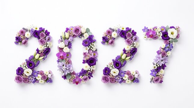 Year 2027 number made of purple and white flowers on white background, new year celebration concept, floral typography.