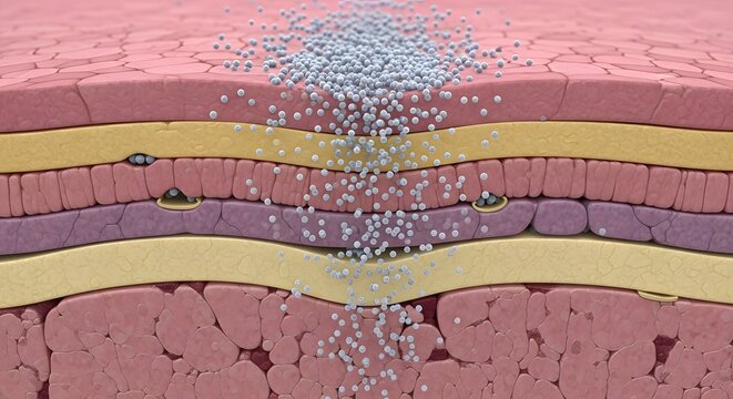 Drug Absorption Through Tissue Layers Showing Medication Transport Across Cells and Biological Structures
