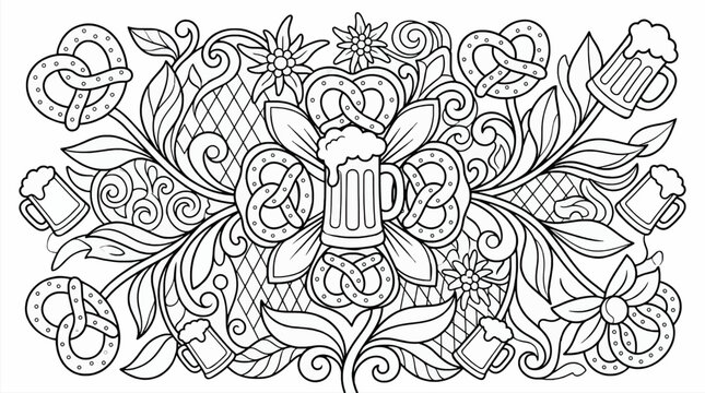 Vector illustration of a beer mug and pretzels with floral elements, black outline on white