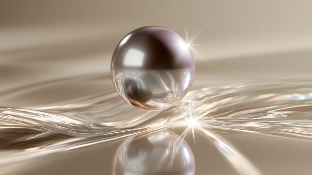 Clear glass sphere rests on a reflective surface