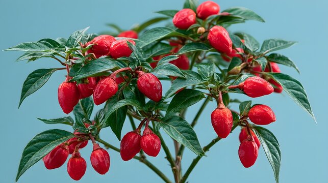 Green leaves contrast with bright red fruits