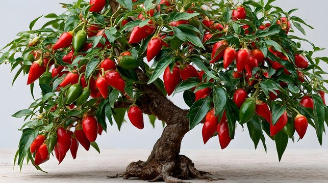 Chili pepper plant with ripe red and green fruits