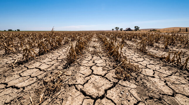 Dry Cracked Field with Withered Plants under Clear Blue Sky Representing Severe Drought and Climate Change 