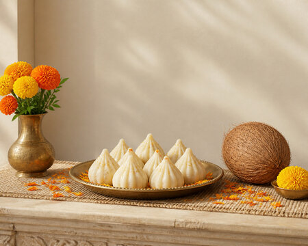 Brass plate with modak, marigold petals, coconut, festive Indian sweets display