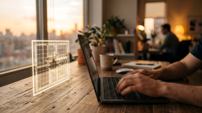 Hand Typing on Laptop with Glowing Blueprint Icon Architecture and Design Concept
