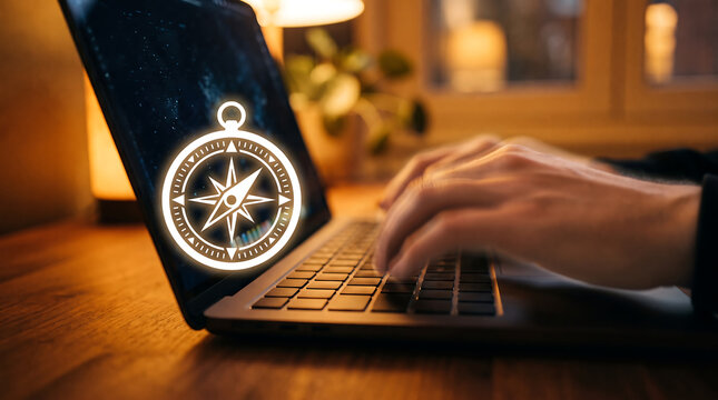 Hand Typing on Laptop with Glowing Compass Icon Navigation and Direction Concept
