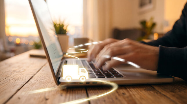 Hand Typing on Laptop with Glowing Digital Payment and Coin Icons Online Finance Concept
