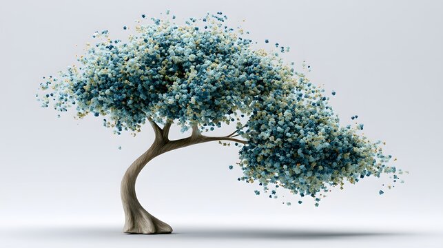 Gracefully curved tree trunk supports abundant blue and white blooms