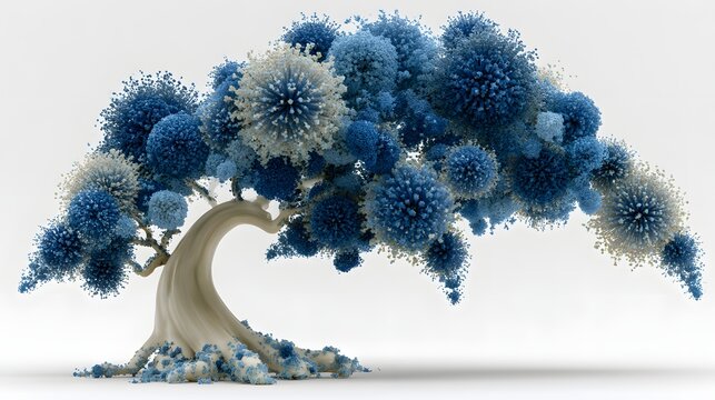 Whimsical blue tree with curved trunk and fluffy blossoms