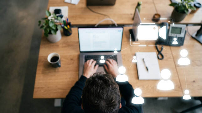Person Typing on Laptop at Organized Wooden Work Desk Top-Down View
