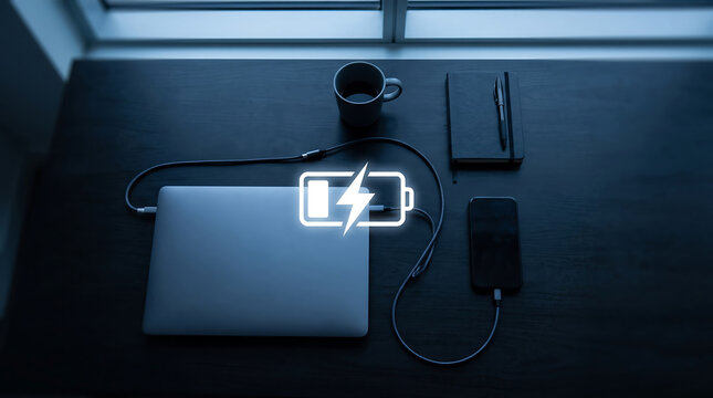 Glowing Battery Charging Icon Above Laptop on Desk Power and Energy Concept
