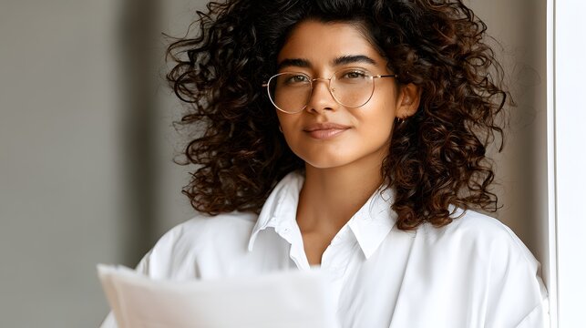 Woman with thick curly hair wears a white button-down shirt
