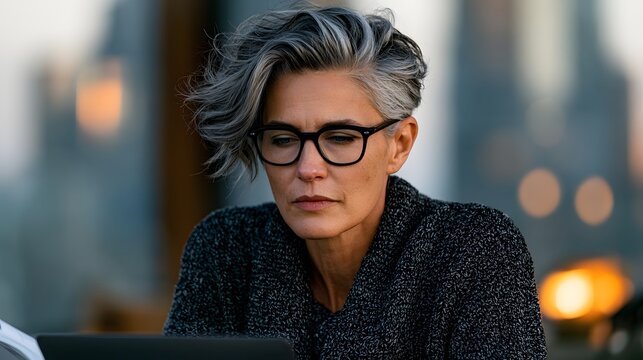 Woman focuses on a laptop screen