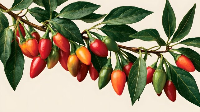 Branch of vibrant red and green chili peppers on a branch