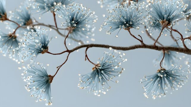 Delicate blue blossoms glisten with morning dew