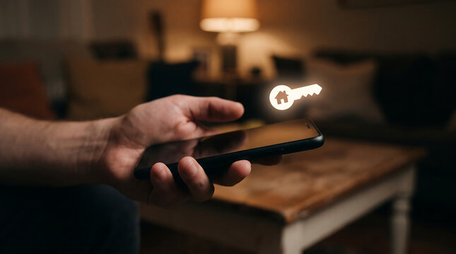 Hand Holding Smartphone with Glowing Key Icon Access, Security and Property Concept
