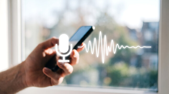 Hand Holding Smartphone with Microphone and Sound Wave Icons Voice Recording and Audio Search Concept
