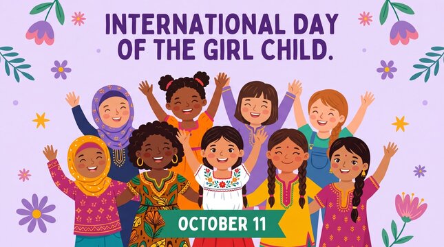 International day of the girl child illustration with a diverse group of happy girls celebrating