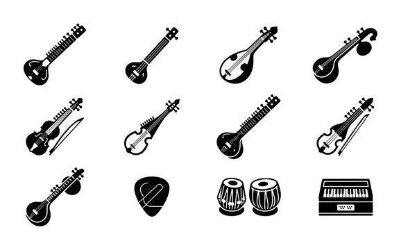 Indian Musical Instruments Vector Icons Set, Traditional Stringed Instruments, Percussion Drums and Keyboard, Black Silhouette Collection for Music Culture and Performance Graphics
