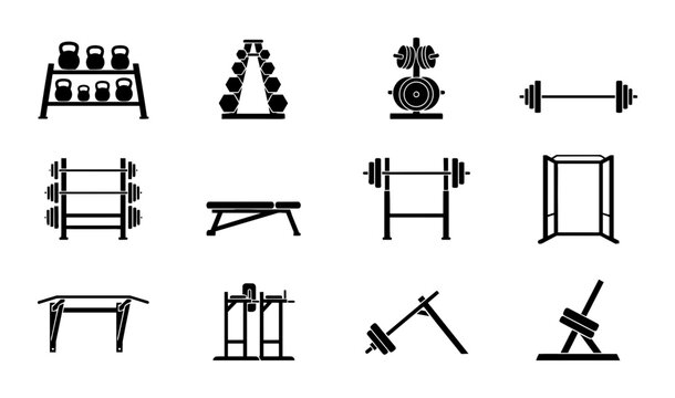 Gym Equipment Icons Set, Fitness Machine Vector Graphics, Workout Gear Collection, Strength Training Tools, Bodybuilding Accessories, Health Club Icons