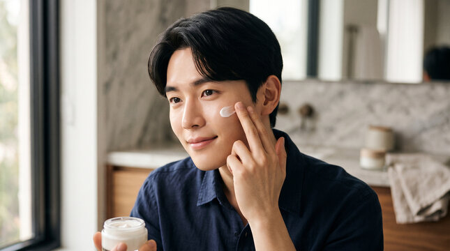 Young Korean Man Applying Moisturizer for Grooming Editorial