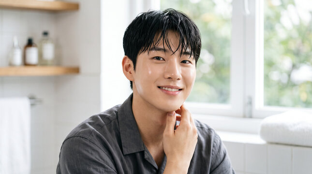 Young Korean Man with Damp Hair for Post-Skincare Routine