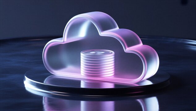 Cloud finance concept with cloud icon, coin stack, and platform, symbolizing secure digital money storage and fintech.