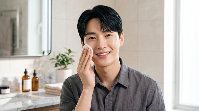 Young Korean Man Holding Cotton Pad for Facial Cleansing Routine