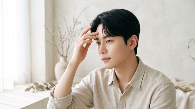 Young Korean Man Touching Forehead for Premium Beauty Editorial