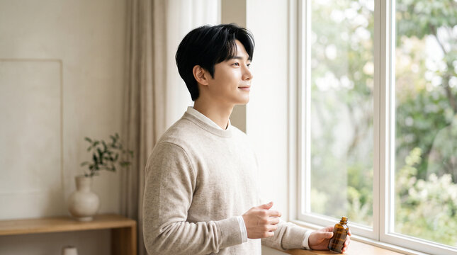 Young Korean Man Gazing at Bright Window Light for Skincare Commercial