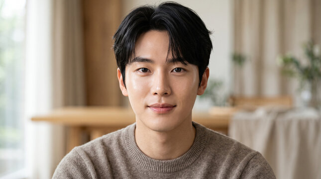Young Korean Man with Refined Natural Complexion for Beauty Photography