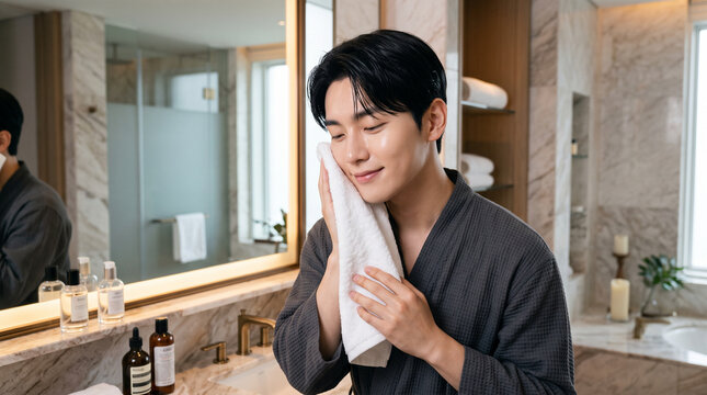 Young Korean Man Drying Face with Towel in Luxury Bathroom