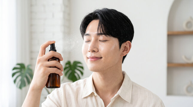 Young Korean Man Spraying Facial Mist for Skincare Campaign