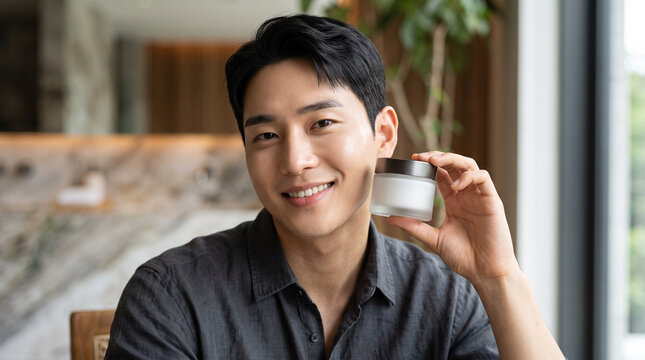 Young Korean Man Holding Unbranded Cream Jar for Skincare Campaign