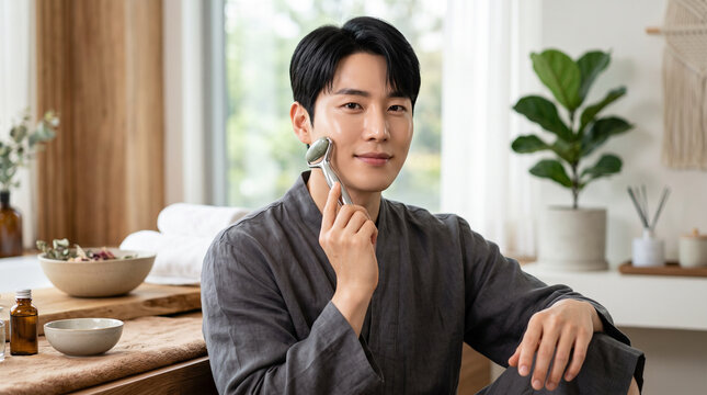 Young Korean Man Using Facial Roller for Spa Wellness Campaign