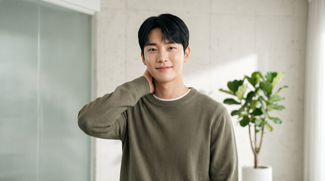 Relaxed Young Korean Man with Hand Behind Neck for Beauty Advertising