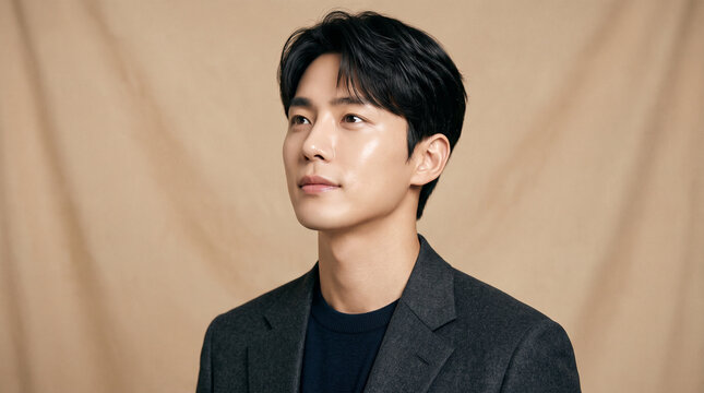 Young Korean Man Looking Upward for High-End Cosmetic Advertising