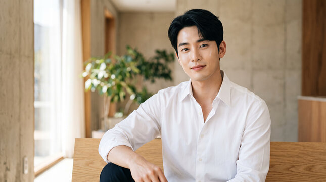 Young Korean Man in White Shirt for Minimalist Beauty Editorial