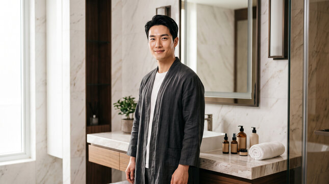 Confident Young Korean Man Standing in Luxury Modern Bathroom